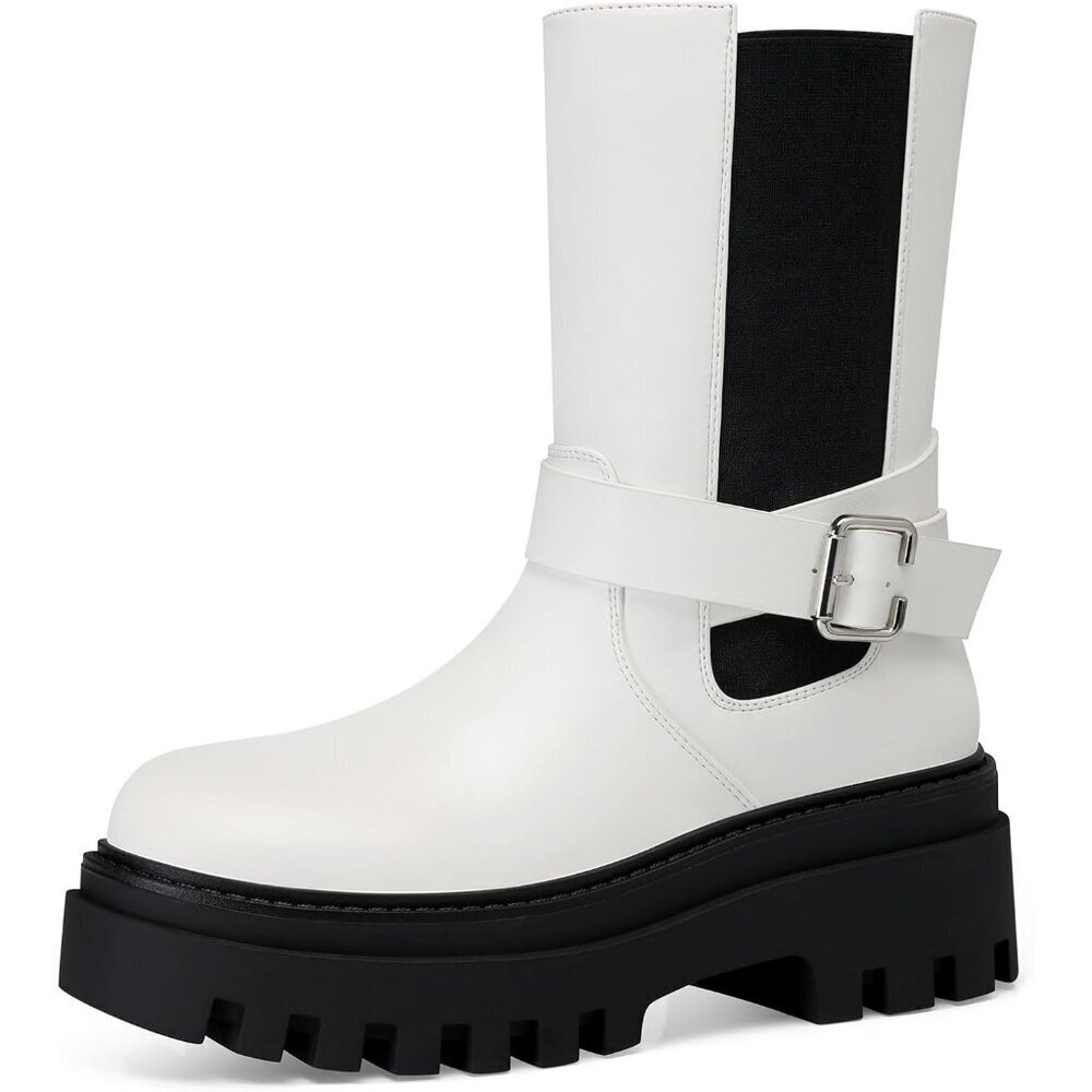 Women's White Chelsea Platform Boots Comfort Width Fall Winter Ankle Booties